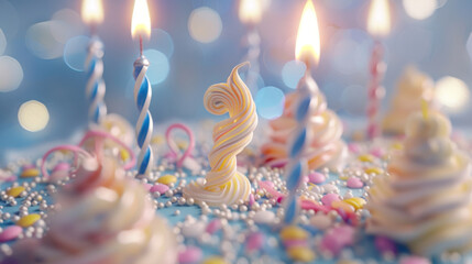 A single lit candle stands among unlit twisted candles on a colorful frosted cake with sprinkles. - obrazy, fototapety, plakaty