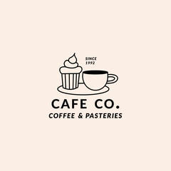 Vector template linear logo for bakery, cafe, cupcake shop, pastries. Emblem with cupcake and coffee mug
