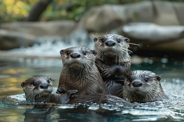Obraz premium Professional Photography of a Family of Playful Otters Frolicking in Their Watery Habitat, Generative AI