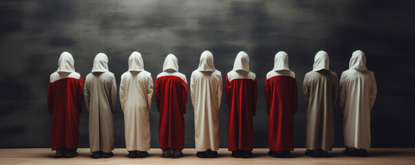 A group of mysterious figures in white and red hooded robes stand in a straight row, creating a captivating and intriguing scene. Banner. Copy space - obrazy, fototapety, plakaty