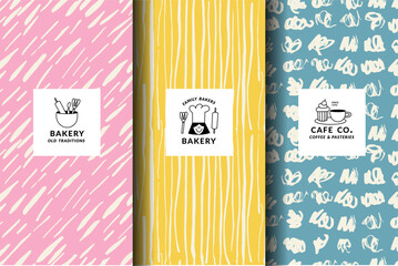 Vector set of design templates and backgrounds for bakery packaging in trendy sketch linear style. Hand drawn doodles elements with design label - obrazy, fototapety, plakaty