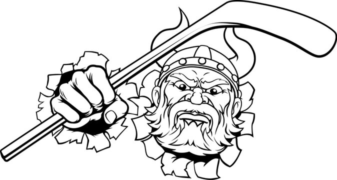 A viking hockey sports mascot cartoon character holding a stick