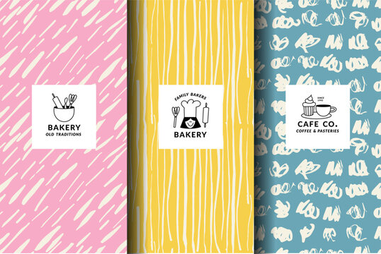 Vector set of design templates and backgrounds for bakery packaging in trendy sketch linear style. Hand drawn doodles elements with design label