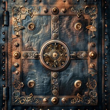 Retro Steampunk Safe, Vintage Banking, Ornate Steel Safe Drawing Imitation, Abstract Generative AI Illustration
