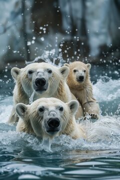Professional Photography of a Family of Polar Bears Swimming and Diving in Their Arctic-Themed Habitat, Generative AI