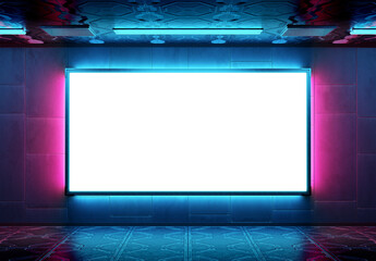 Futuristic panoramic billboard mockup. Cyberpunk style frame interior template. 3D rendering - 761237628