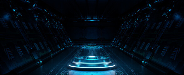 Blue spaceship interior with projector. Futuristic corridor in space station with glowing neon lights background. 3d rendering - 761237637