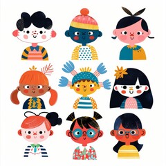 Variety of cartoon vector children in colorful outfits. A diverse group of cartoon children standing in row wearing various colorful outfits representing different styles and personalities 