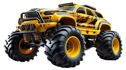 A vibrant yellow monster truck with oversized tires stands out against a simple white background, exuding power and strength