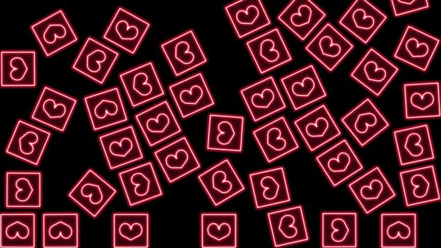 Glow hearts red icons falling on a black background 4K