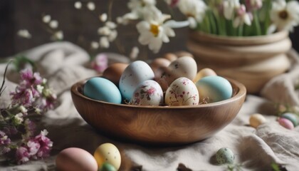 Obraz na płótnie Canvas Happy easter! Easter chicken eggs in a wooden deep bowl on a beautiful served table. Easter treat