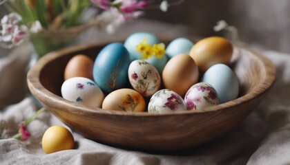 Obraz na płótnie Canvas Happy easter! Easter chicken eggs in a wooden deep bowl on a beautiful served table. Easter treat