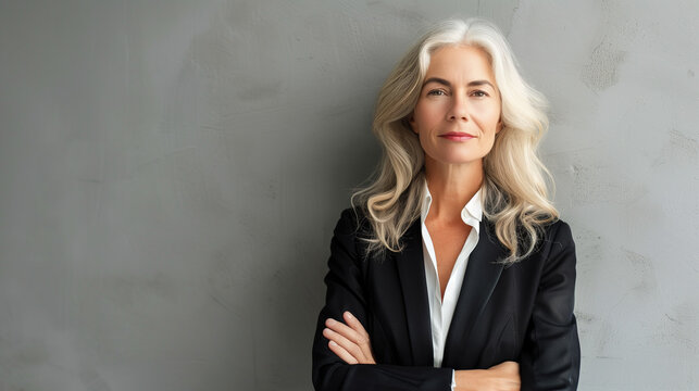Portrait of middle aged businesswoman on gray background with copy space