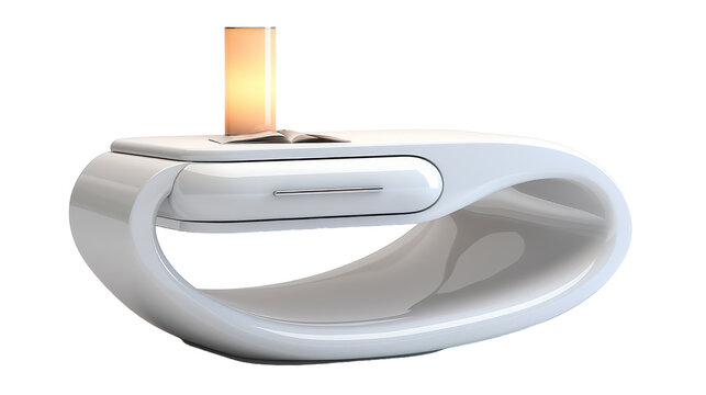 A white phone holder with a glowing light on top