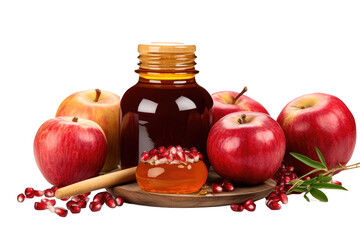 Apples, Honey, and Pomegranate on a Plate. On a White or Clear Surface PNG Transparent Background.