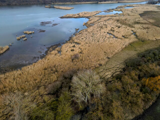 winding stream with ponds. people renewed the zigzagging cancel melioration, measures to maintain...