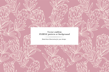 Vintage card with protea flowers. Floral wreath. Flower frame for flower shop with label designs. Summer floral greeting card. Flowers background for cosmetics packaging