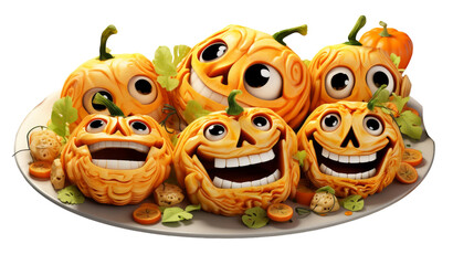 A group of pumpkins with spooky faces carved into them, creating a festive and Halloween-themed display