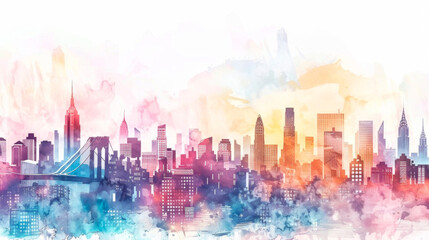 A dynamic watercolor painting showcasing a city skyline, with towering buildings, intricate architecture, a bustling urban atmosphere depicted in a colorful and expressive style. Banner. Copy space