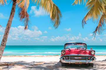 Vintage red car parked under palm trees on the beach. Summer vacation and travel concept. Classic retro automobile. Design for poster, invitation, banner with copy space. 