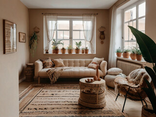BOHO style interior, living space, interior design, sofa, wooden table