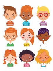 Variety of cartoon vector children in colorful outfits. A diverse group of cartoon children standing in row wearing various colorful outfits representing different styles and personalities 