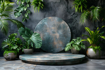 The harmonious blend of nature's verdant beauty and the reflective allure of the circular mirror invites a meditative pause, offering a serene oasis for contemplation and rejuvenation.