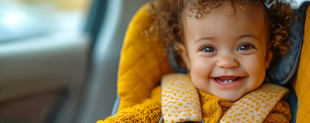 Little cute baby in safe car seat. Banner with copy space. Shallow depth of field.