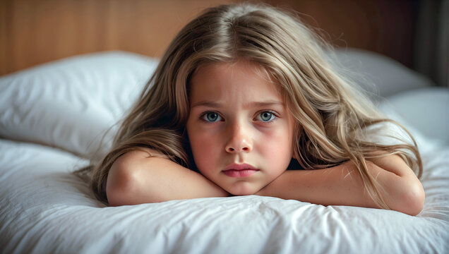 An upset 10-year-old girl lies on the bed.