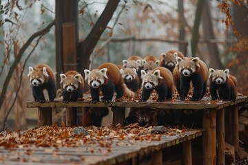 Professional Photography of a Group of Adorable Red Pandas Climbing and Exploring Their Leafy...