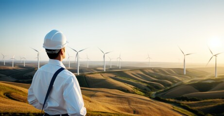 Engineer in hardhat overlooking a windmill landscape at sunset, blending technology with nature.