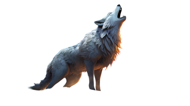 A wolf standing tall, with its mouth wide open in a display of power and strength