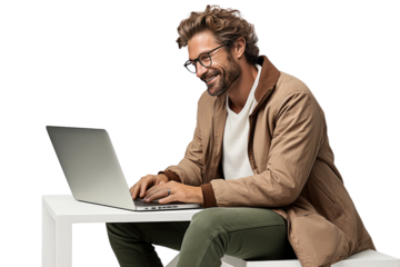 Man Sitting at Table With Laptop. On a White or Clear Surface PNG Transparent Background.