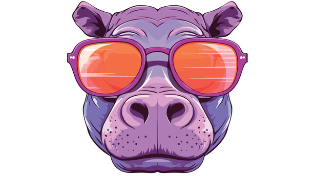 Muzzle of hippo in pink sunglasses flat vector