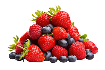 Obraz premium Pile of Strawberries and Blueberries on White Background. On a White or Clear Surface PNG Transparent Background.