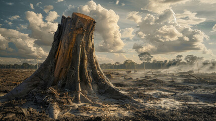 Fototapeta na wymiar Stark view of deforestation in the Amazon, with a lone stump and smoky background...