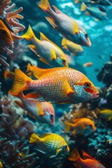 Professional Photography of a Group of Colorful and Exotic Fish Swimming Gracefully in a Vibrant Coral Reef Tank, Generative AI