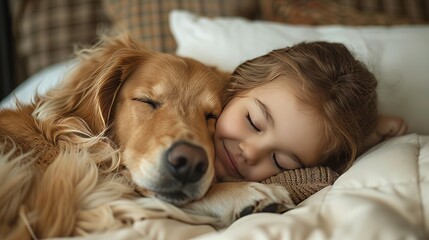 A picture of a child sleeping while cuddling with his beloved dog. It shows the deep bond and...