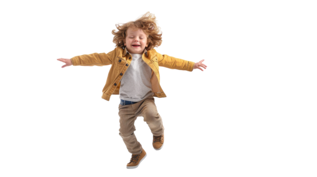 A young boy with a joyful expression is captured mid-jump in the air, showcasing his energy and vitality