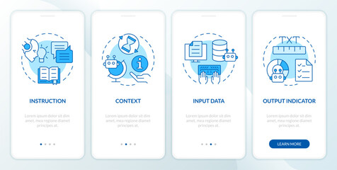Prompt key elements blue onboarding mobile app screen. Walkthrough 4 steps editable graphic instructions with linear concepts. UI, UX, GUI template. Myriad Pro-Bold, Regular fonts used - obrazy, fototapety, plakaty