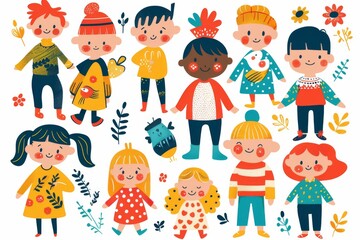 Variety of cartoon vector children in colorful outfits. A diverse group of cartoon children standing in row wearing various colorful outfits representing different styles and personalities 