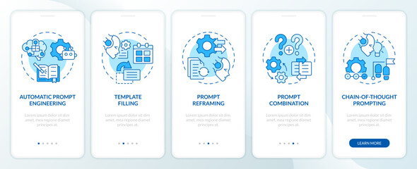 Prompt engineering techniques blue onboarding mobile app screen. Walkthrough 5 steps editable graphic instructions with linear concepts. UI, UX, GUI template. Myriad Pro-Bold, Regular fonts used - obrazy, fototapety, plakaty