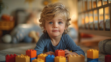Little beautiful child plays lego in his room