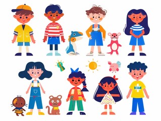 Variety of cartoon vector children in colorful outfits. A diverse group of cartoon children standing in row wearing various colorful outfits representing different styles and personalities 