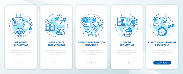 Prompt engineering strategies blue onboarding mobile app screen. Walkthrough 5 steps editable graphic instructions with linear concepts. UI, UX, GUI template. Myriad Pro-Bold, Regular fonts used - obrazy, fototapety, plakaty