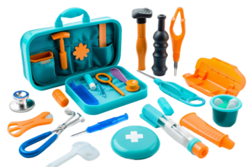 Blue and Orange Tool Kit With Scissors and Various Tools. On a Transparent Background.