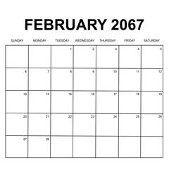 february 2067. monthly calendar design. week starts on sunday. printable, simple, and clean vector design isolated on white background. - obrazy, fototapety, plakaty