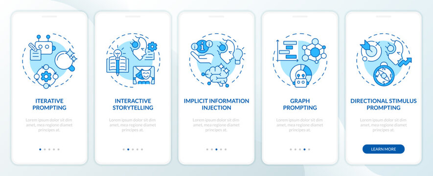 Prompt engineering strategies blue onboarding mobile app screen. Walkthrough 5 steps editable graphic instructions with linear concepts. UI, UX, GUI template. Myriad Pro-Bold, Regular fonts used