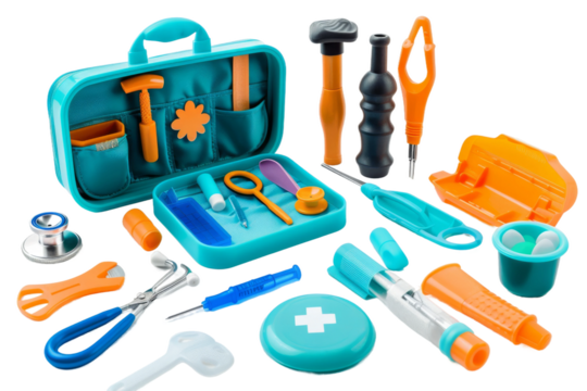 Blue and Orange Tool Kit With Scissors and Various Tools. On a Transparent Background.