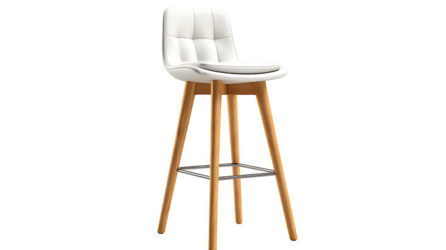 A sleek white bar stool with wooden legs stands gracefully in a minimalist setting